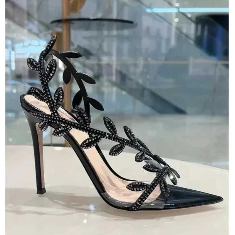 Designer Rhinestone Leaf Decoration Stiletto Sandals Women Sexy Pointed Toe Transparent PVC Strap High Heels Summer Party Shoes W250814