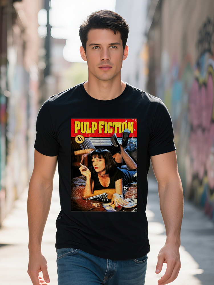 Graphic T Shirt Pulp Fiction Art Print with Bold Yellow Text Red Background Black Round Neck Summer Tee Featuring Female