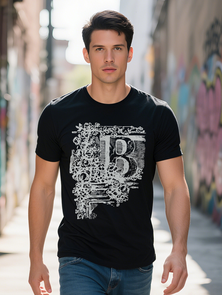 Short Sleeve T-Shirt with Floral Letter B Black White Tee Breathable Round Neck Top Regular Fit Men's Fashion
