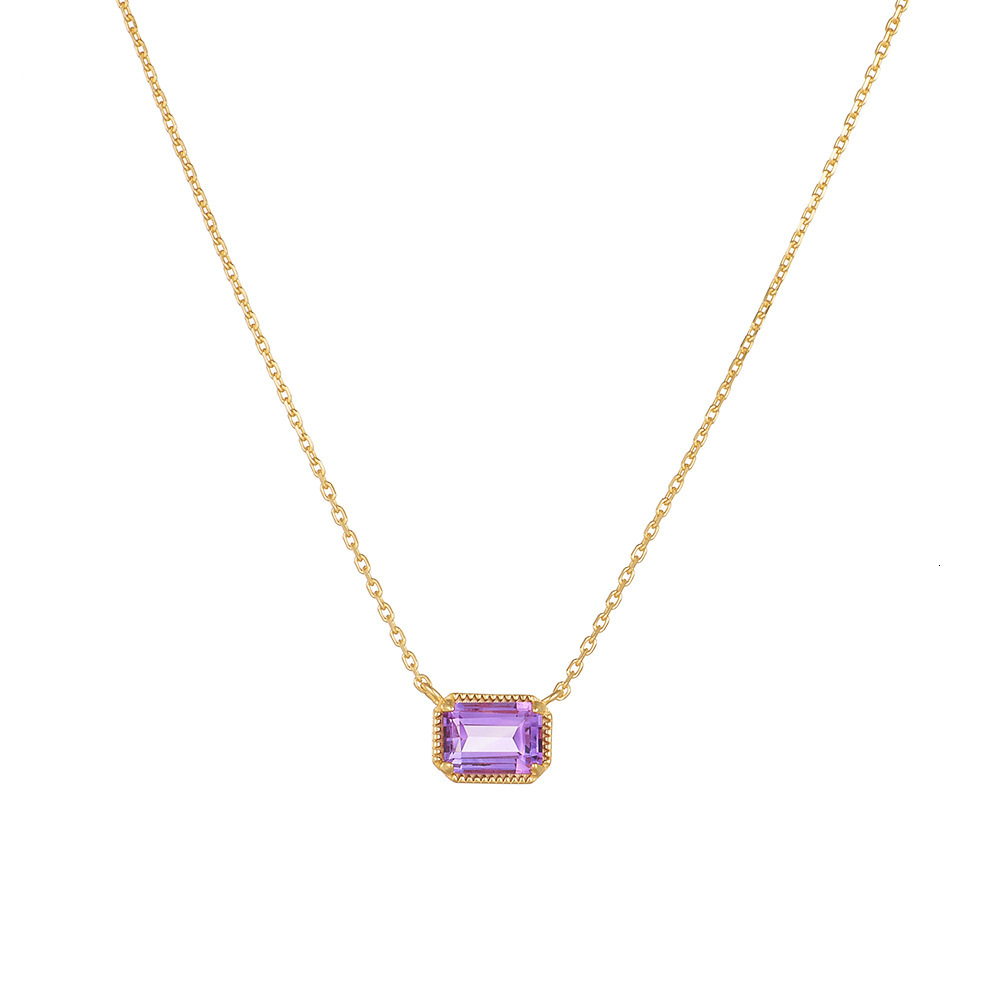 INS Rectangular Natural Amethyst Sterling Sier Necklace for Women Simple High-end Versatile Collarbone Chain Jewelry Jewelry for Women