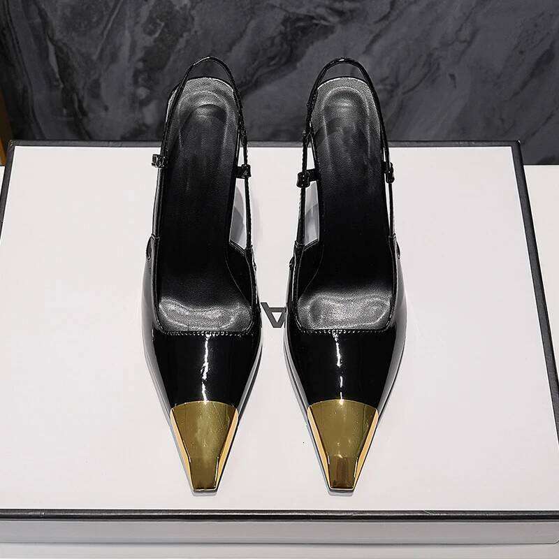 New Summer Women's High-heeled Sandals Gold Iron Patent Leather Black Stiletto Square Head Closed Toe Sling Back Shoes