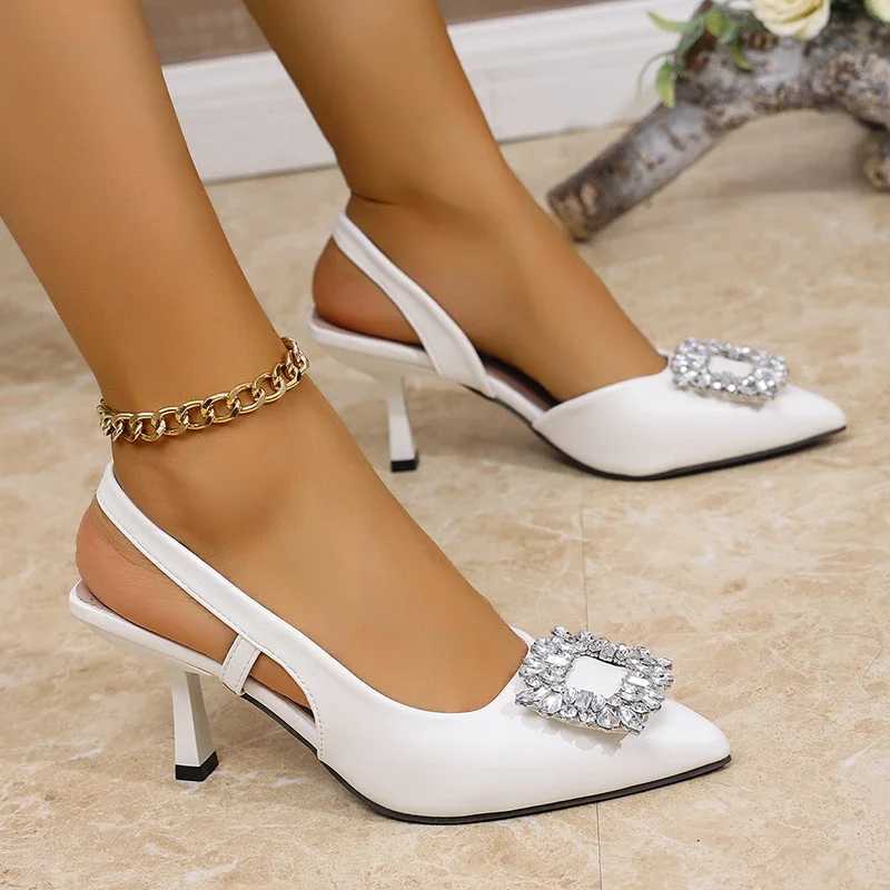 2025 Elegant Ladies Crystal Buckle Pumps Summer Sexy Pointed Toe High Heels Sandals Women Back Strap Party Wedding Shoes W250814