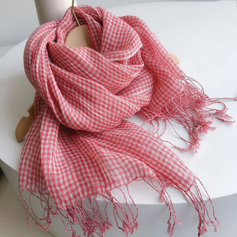 Spring/Summer Small Plaid Tassel Linen Scarf 250808