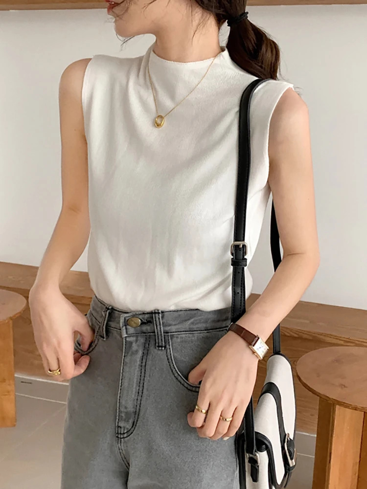 Female Pullover Sexy Knitted Top Summer Half High Collar Tank Top Women Camisole Blouse Sleeveless Slim Top Casual Camis 250813
