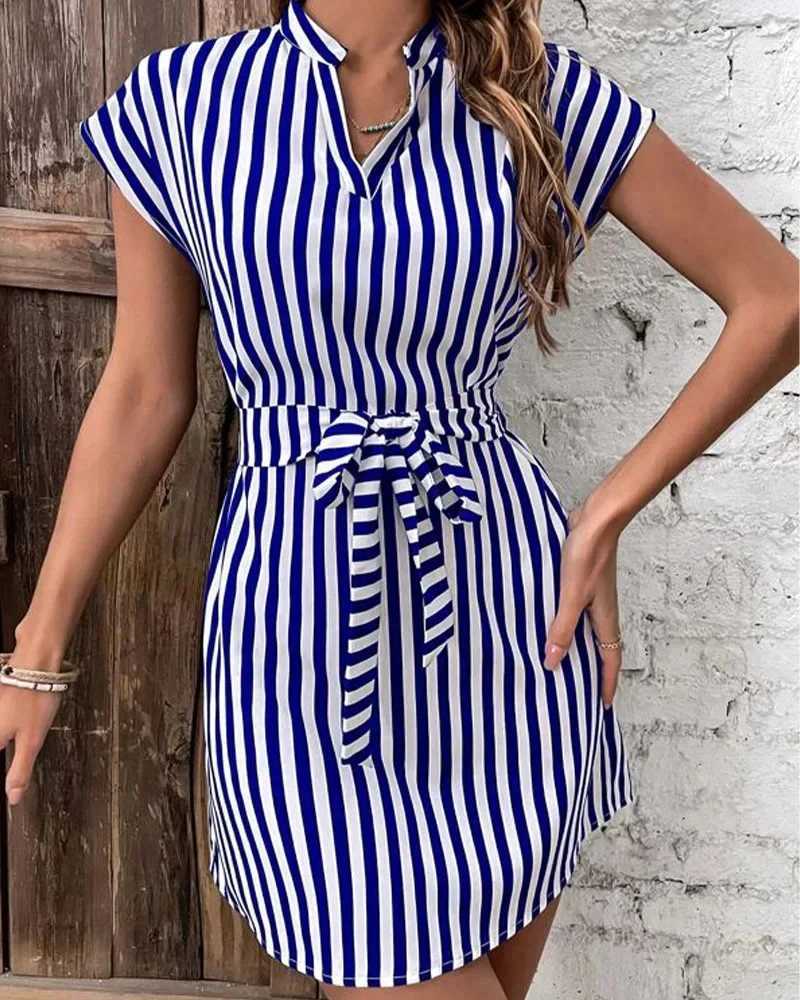 Women Spring Summer Style A-Line Dress Lady Casual Sleeveless Turn-down Collar Striped Printed Dress Vestidos XJ250814