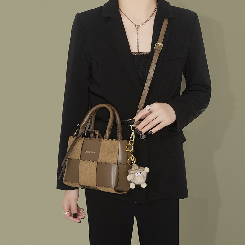 Brown Plaid Handbag Crossbody for Women Fashion Versatile with Pendant Color-Block Woven Shoulder Bag
