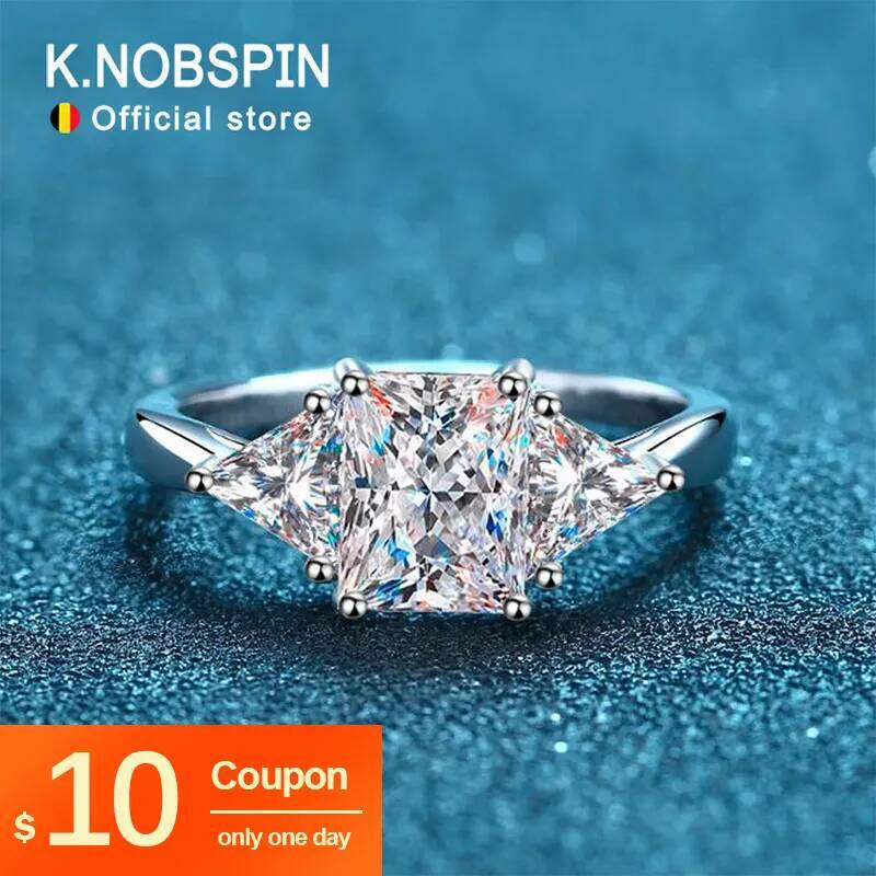KNOBSPIN 3ct Radiant Moissanite Ring s925 Sterling Sliver Plated 18k White Gold Wedding Engagement Fine Jewelry Rings For Woman