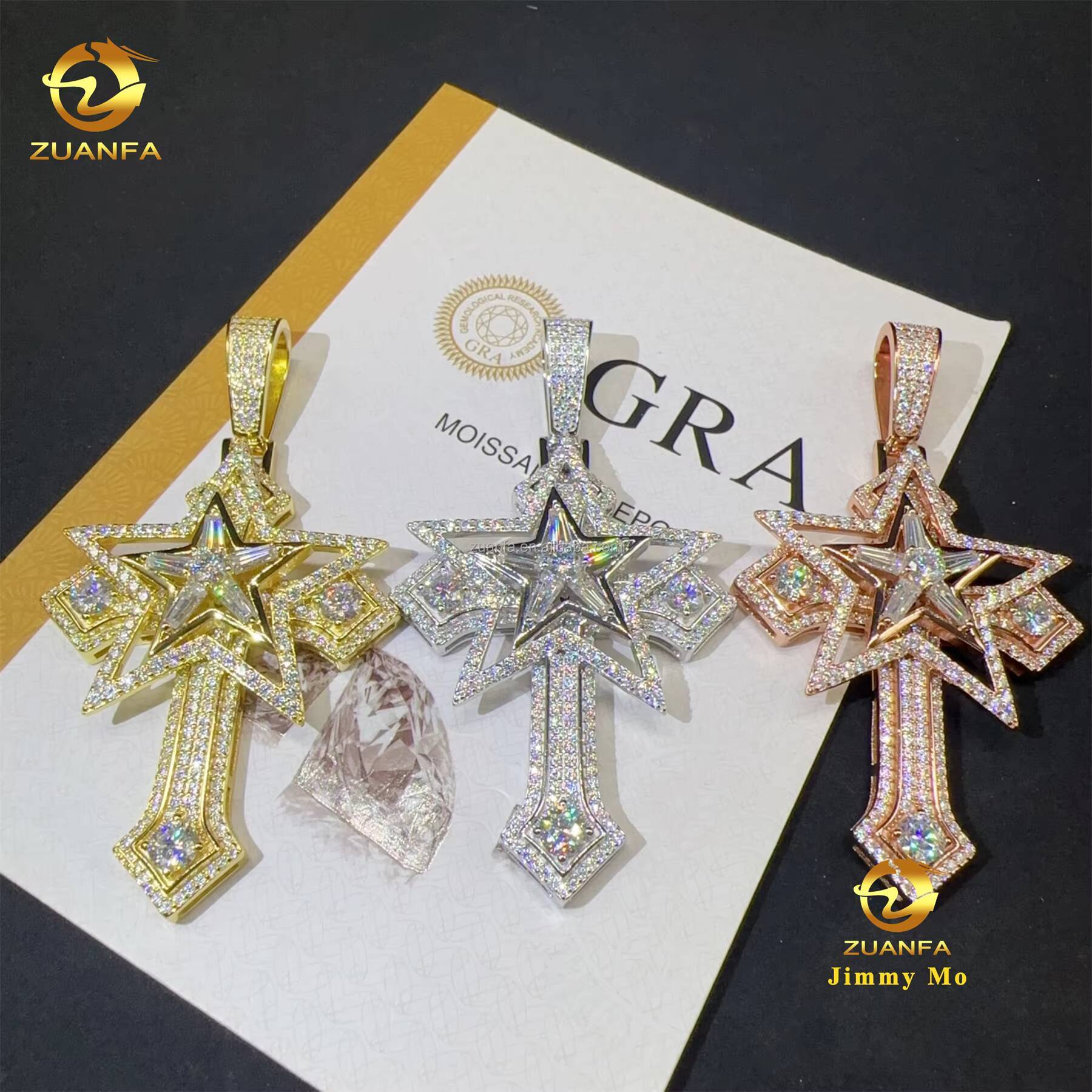 New Arrivals in Stock Iced Out Hip Hop Stylish Rapper Jewelry 925 Silver Vvs1 Moissanite Diamond Star Shape Cross Pendant Men