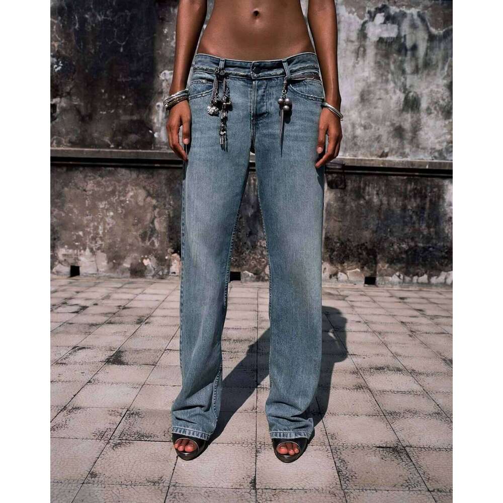 tank Vintage Blue Washed and Distressed Denim Jeans Low Waist Slim Fit Straight Leg Pants