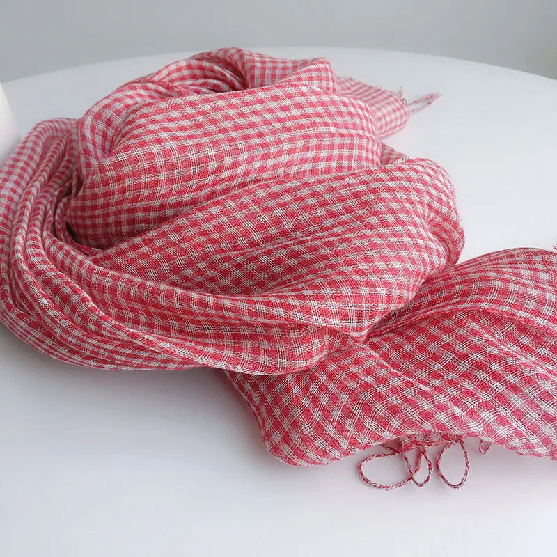 Spring/Summer Small Plaid Tassel Linen Scarf 250808