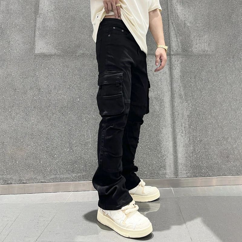 Smart Black Cargo Jeans Men Slim Fitting Straight Baggy Pants Side Pockets Y2K Clothes 250813