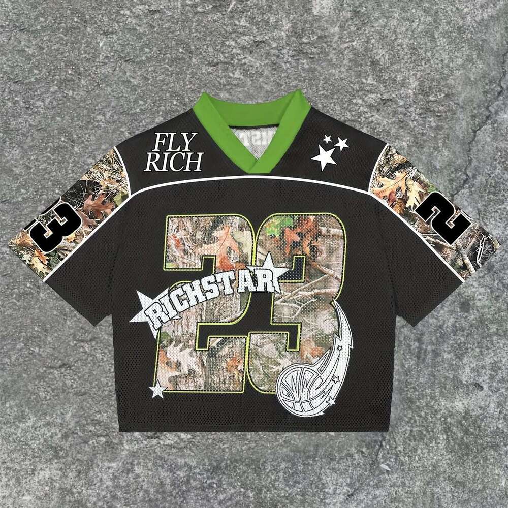 Y2K Jersey Hot Girl Street Loose V-Neck Short Sleeve T-Shirt Printed Top