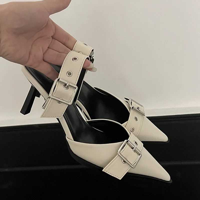 2023 Punk Goth Metal Buckle High Heels Sandals for Women Summer Pointed Toe Silver Party Shoes Korean Style Thin Heels Sandals W250814