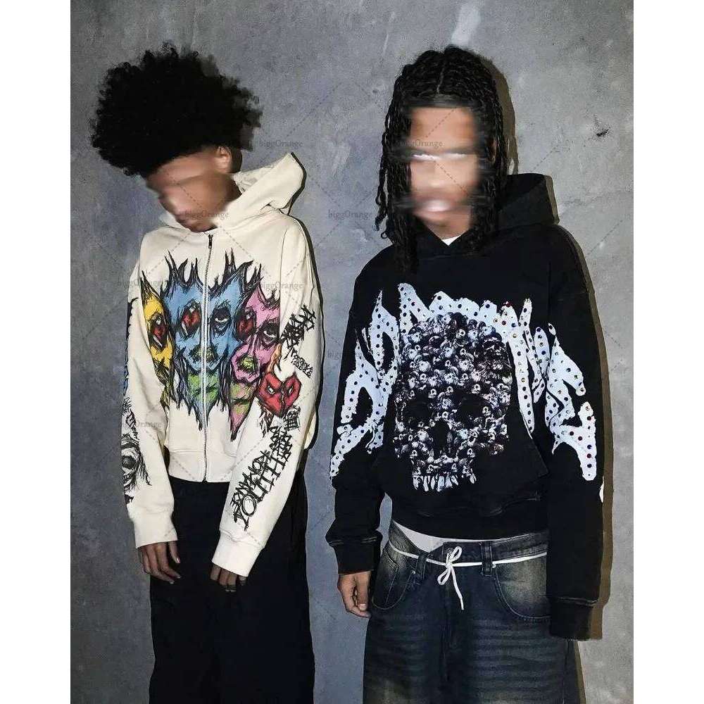 European And American Fashion Retro Street Clothing Personality Skull Animation Printed Hoodie Loose Oversized Zipper Sweatshirt