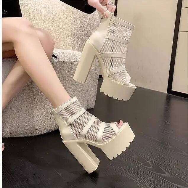 Peep Parker Gothic High Heel Sandals for Women, Zipper Rinse Boots, Breathable Mesh, Waterproof Platform Boot, Summer, Black,