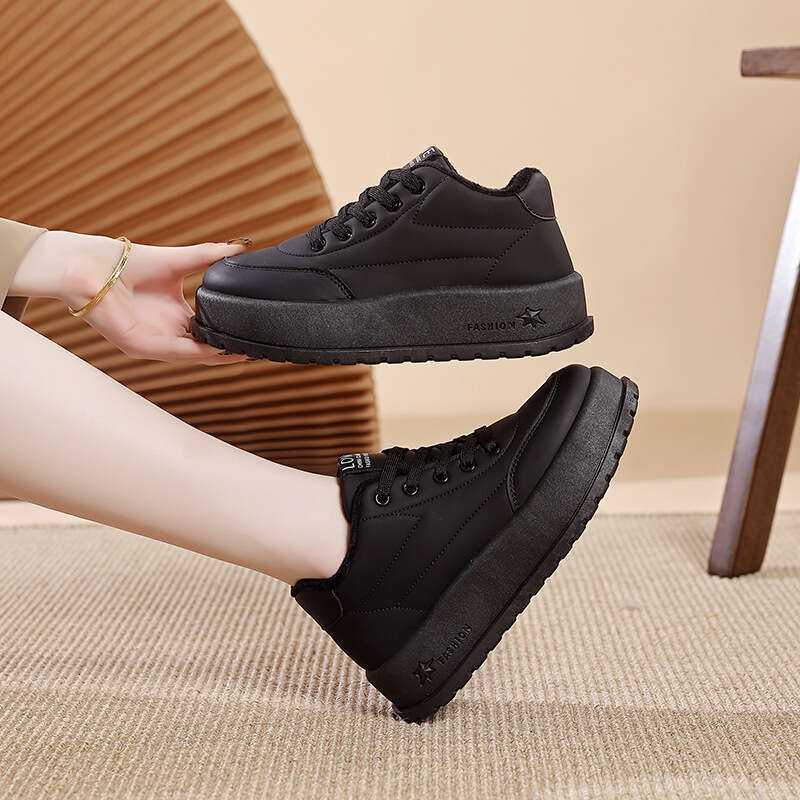 Platform Thick Sole Solid Color Women's 2025 New Autumn Winter Sneakers Versatile Loafers Fleece Lined Cotton Shoes
