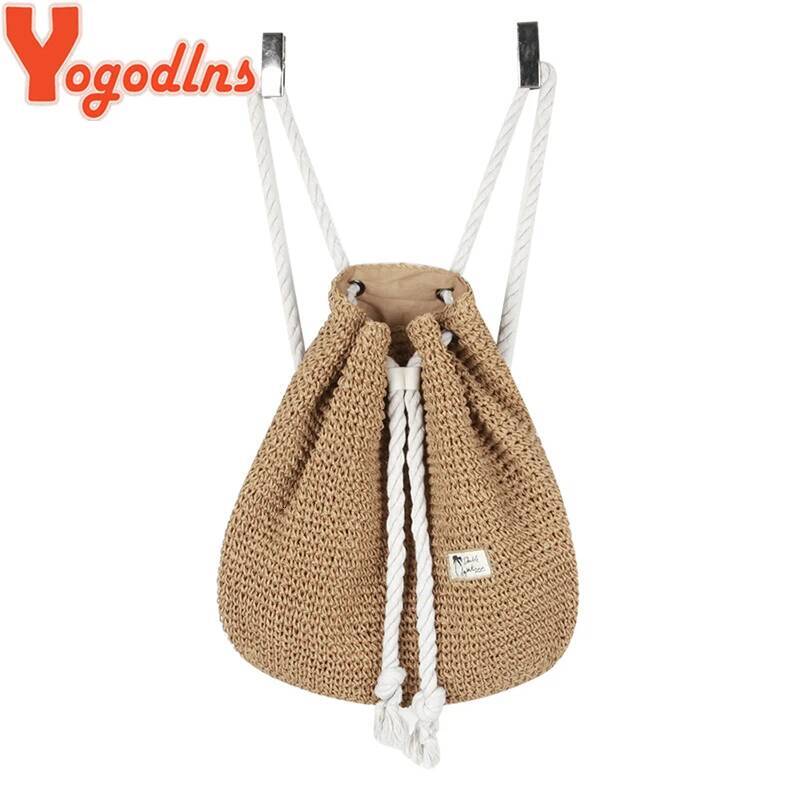 Yogodlns New Summer Women Straw Backpack Handmade Beach Drawstring Knapsack Knitted Crocheted Shoulder Travel Bag high-quality