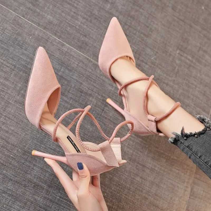 2024 New Cross-strap Roman Sandals Suede High Heels Womens Shoes One-strap Buckle Fine Heel Pointed Sandals Womens Shoes W250814