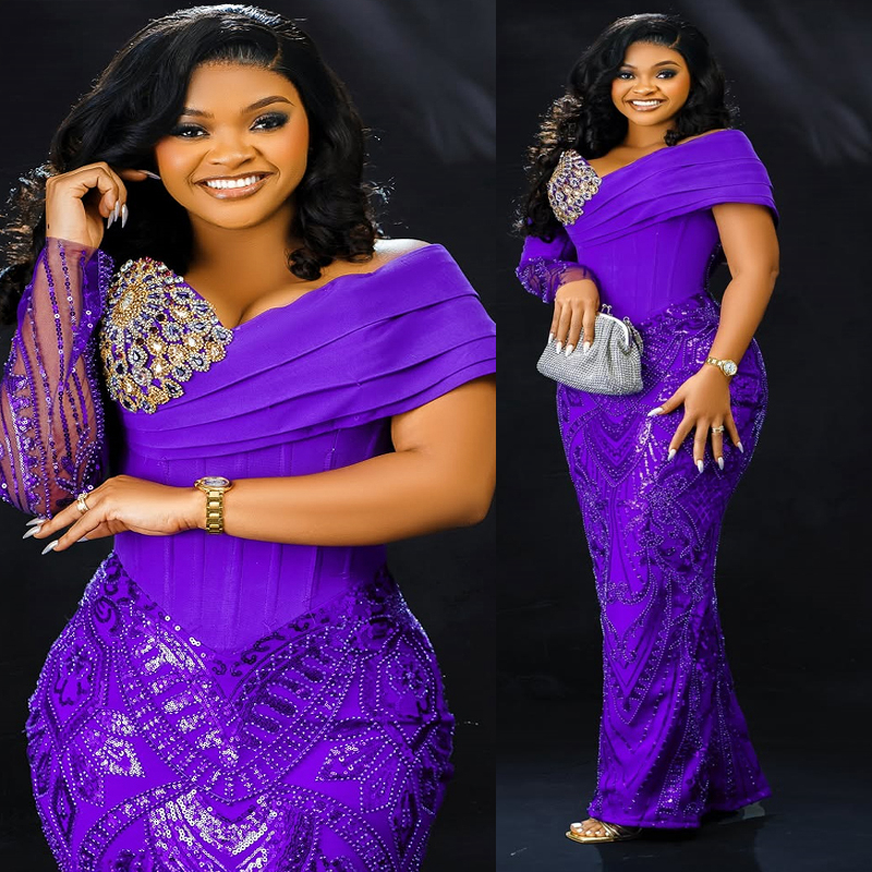 2025 Mermaid Plus Size Purple Prom Dresses For Black Women Aso Ebi Illusion Sheer Neck Long Sleeves Lace Flora Beaded Birthday Dress Second Reception 