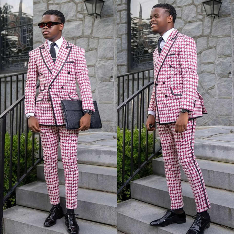 Classic Fit Houndstooth Wedding Tuxedos Peaked Lapel 2 Pcs Jacket Pants Men Suit Double Breasted Evening Party Blazer Customized