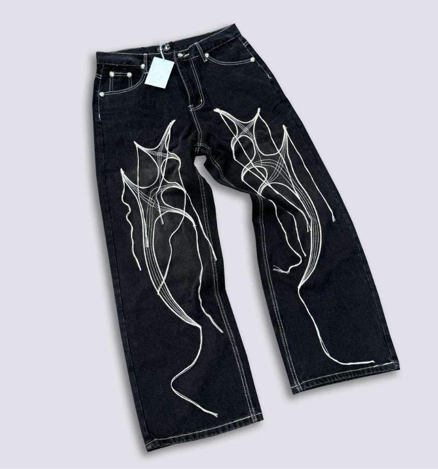 24FW Thug Club Tribal Tree Beard Line Embroidery Korean Vibe Style Loose Jeans Jacket for Men