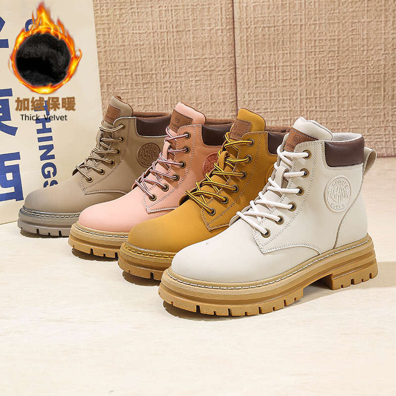 TikTok Martin for Women 2025 Autumn Winter New Thick-Soled British Style Yellow with Fleece Lining Warm Short Boots
