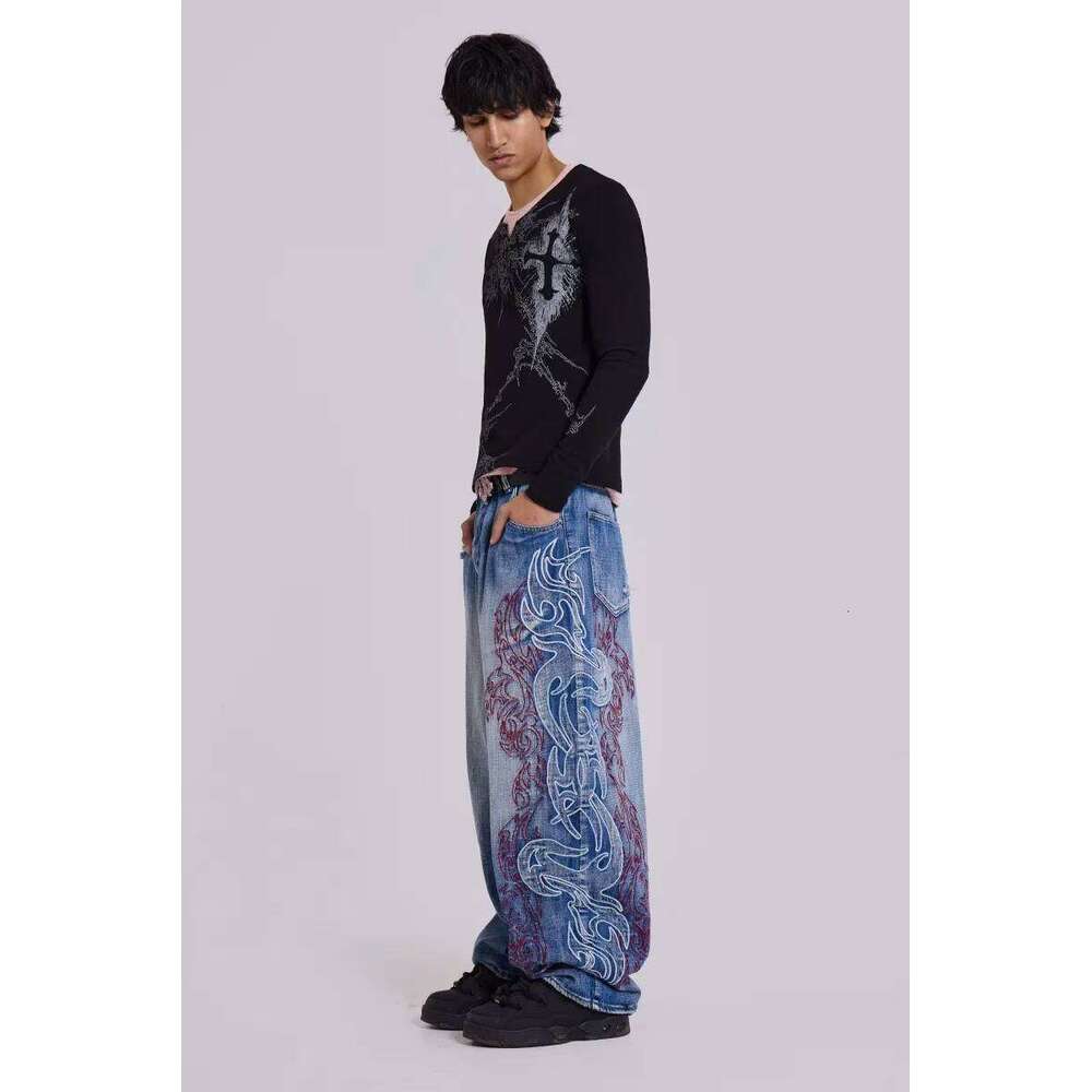 Haruku New Fashion Holes Do Old Washed Baggy Jeans Men Y2K Gothic Hip Hop Vintage Straight High Waist Wide Leg Trousers