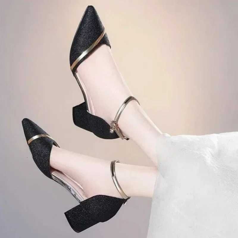 New Baotou Sandals Female Korean Version Pointed Root Thick Heel Womens Shoes One Word Buckle Fashion Sandals Womens Shoes W250814