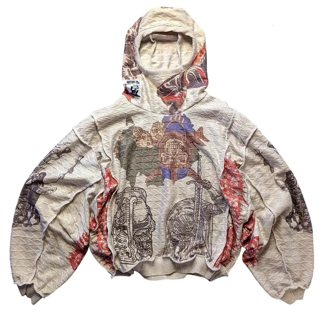 Streetwear Gothic Knitted Hood Mens Womens Clothing Tops Harajuku Retro Graphic Patchwork Fashion Oversized Knitted Sweatshirts 250813