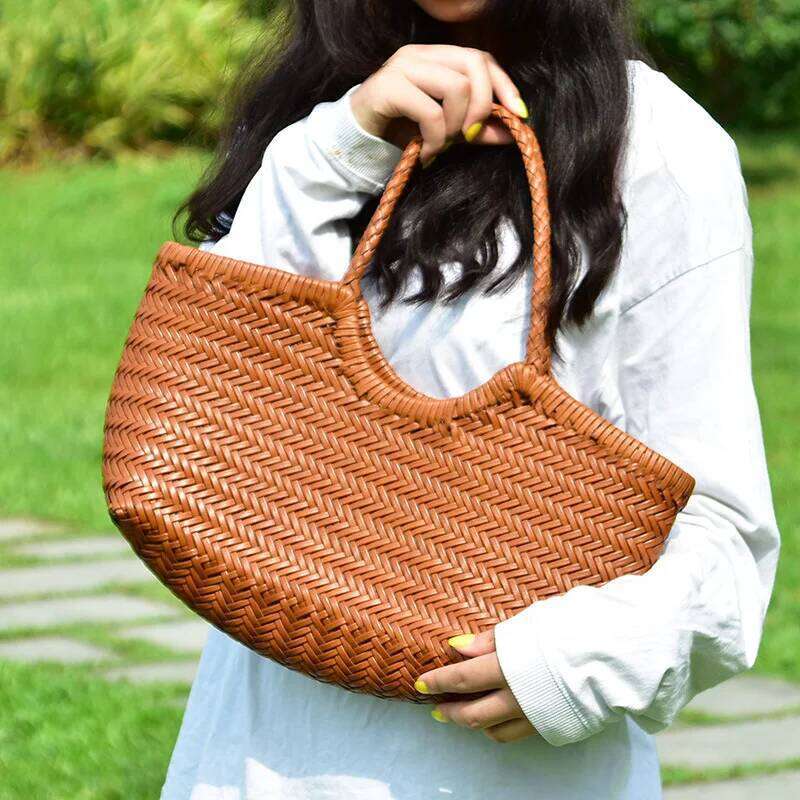 Fashion Handbags Women's Leather Weaving Casual Bag Vintage Basket Tote Purse Cowhide Cross Shopping Bag