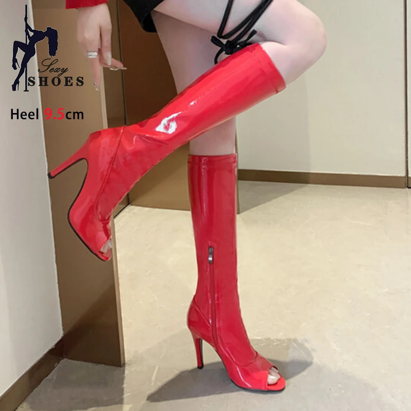 White High Heels Knee High Boots Women 2025 Summer Peep Toe Long Shoes 9.5CM Elastic PU Leather Botas Mujer Female Knight Boots 250812