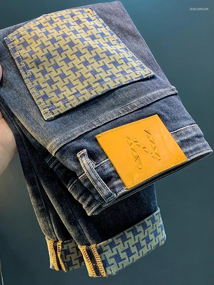 Men's Jeans Spring Trendy For High End Light Luxury Fashion Print Elastic Casual Straight Fit Loose Cotton Denim Pants