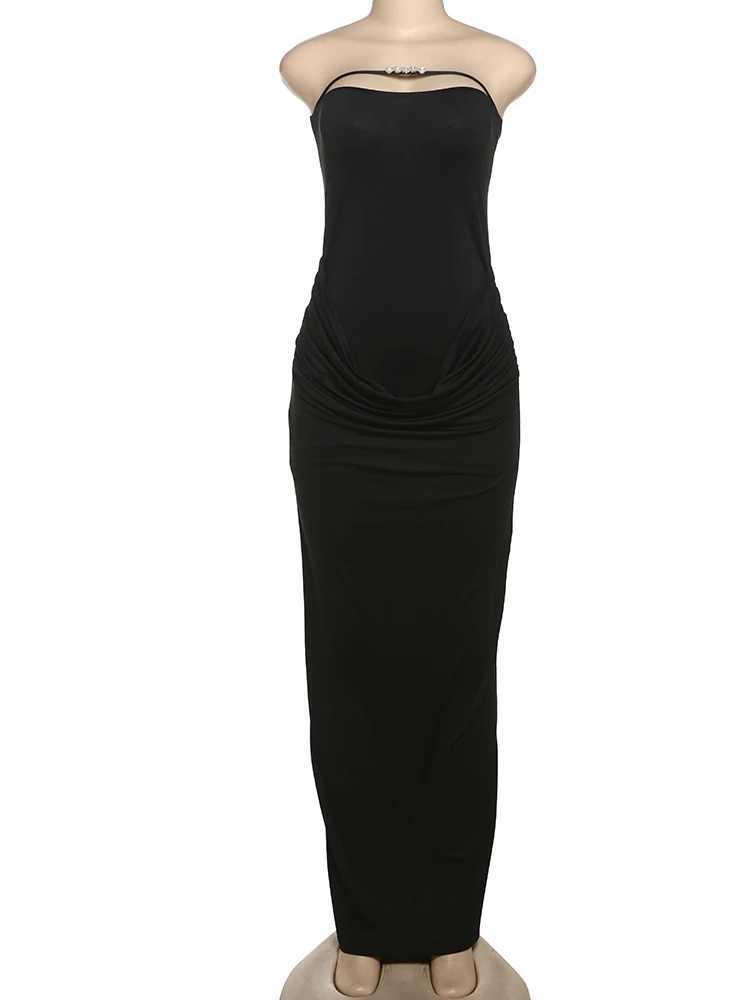 2025 Summer New Trend Backless Slit Dress Women Nibber Skinny Applique Strapless Midnight Sexy Club Fit Party Long Bodycon XJ250814