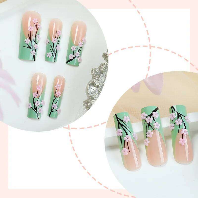 24pcs Long Ballerina Fake 3d Flowers Decor Green French Press on Full Cover Wearable European Spice Girl False Nails X250814