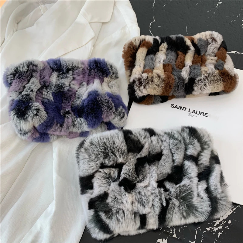 Women fur Handmade Stretch fur scarf Knit Genuine Rex Rabbit Fur Headbands Girls Natural Fur Ring Scarves Winter 250808