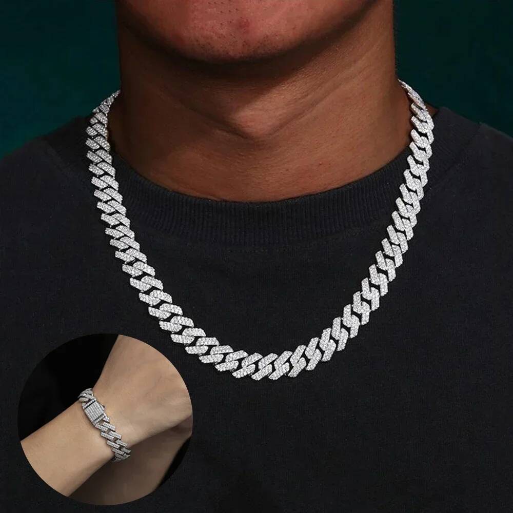 14mm D Color Full Moissanite Cuban Chain Necklace Bracelet for Men Women 925 Sterling Silver Hiphop 2 Row Stone Cuban Jewelry