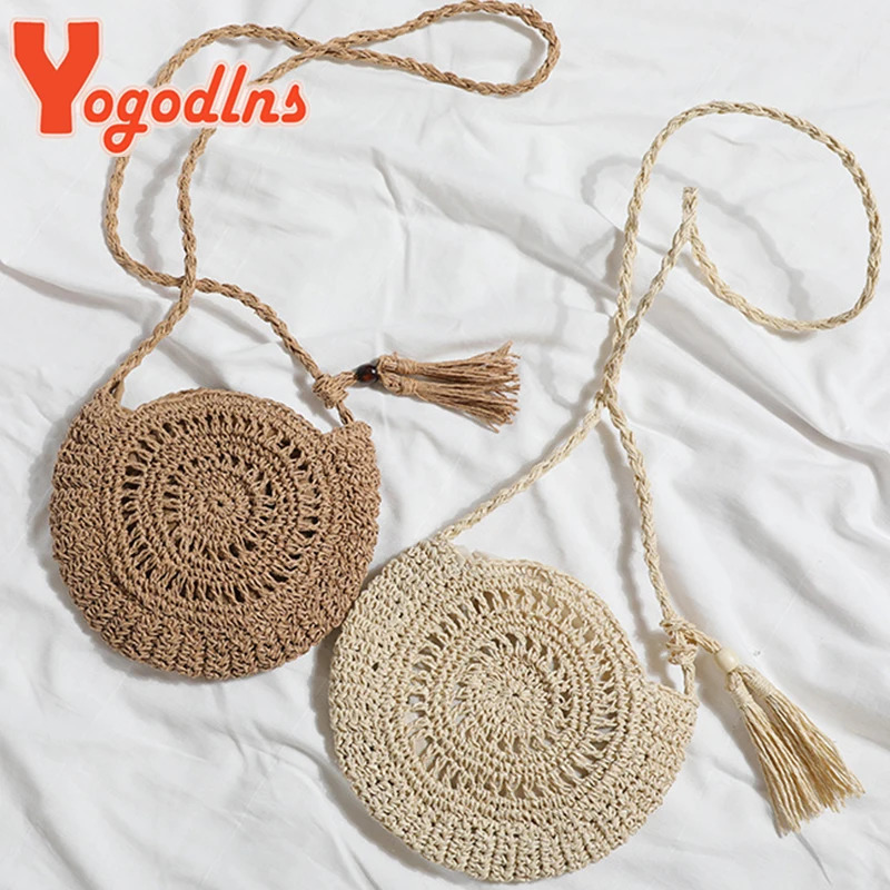 Yogodlns Round Soft Paper Rope Shoulder Bag Tassel Summer Beach Handmade Crossbody Bags Women Hollow Straw Bag Circle Rattan Bag250813