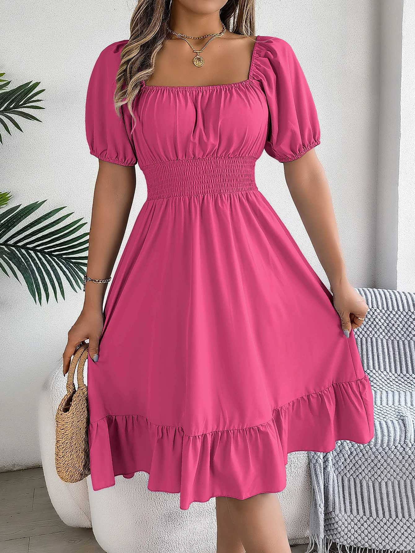 Spring and Summer Ele High Waisted Dress Square Neck Short Sleeve Ruffled Edge Long Dresses for Women XJ250814