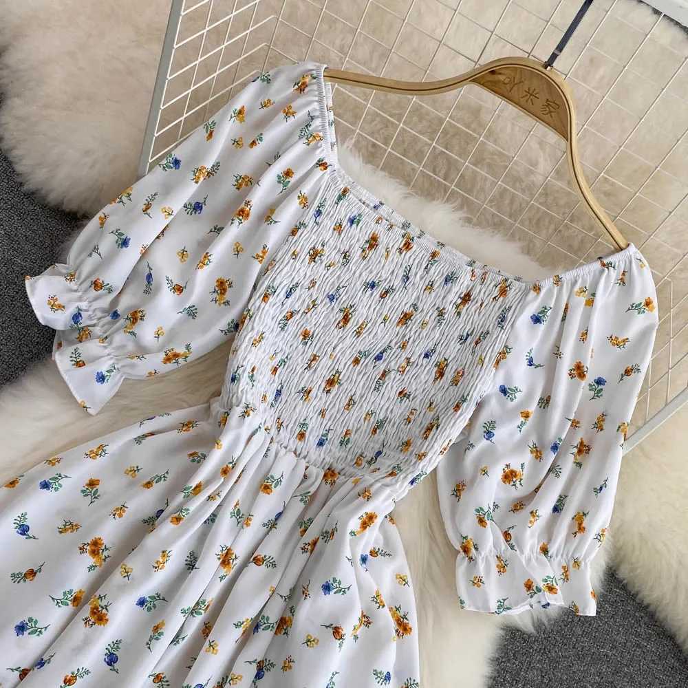 2026 Fashion New Summer Flower Print Long Dress Women Vintage Square Neck Ruched Chest Split Sundress Party Dresses XJ250814