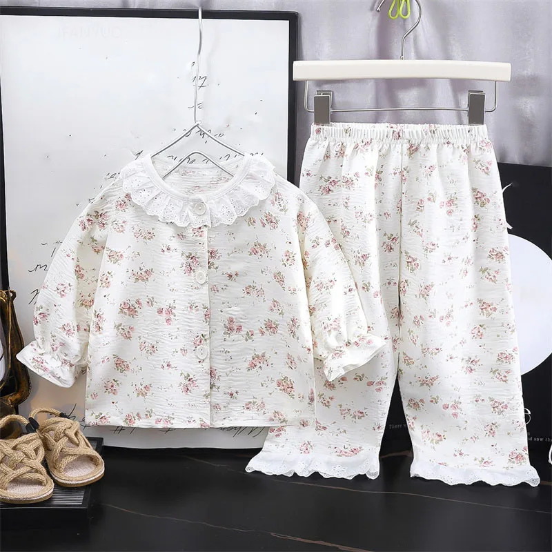 Girls Kids Home Clothes Set Loose Thin Baby Pajamas Fashion Lace Floral Princess Children Air Conditioner Long SleevePants 250813