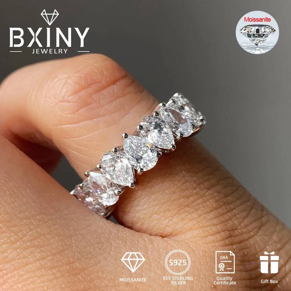 BXINY Pear Cut Full Moissanite Rings 925 Sterling Silver GRA Certified Lab Diamond For Women Eternity Wedding Bands Fine Jewelry