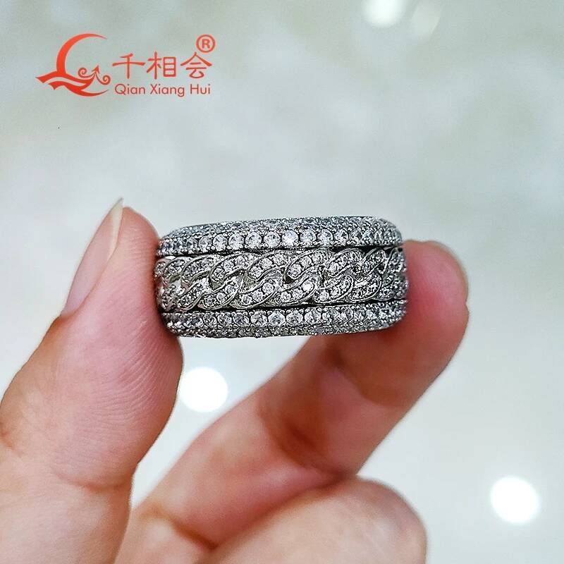 Hip Hop D VVS White Moissanite Double Rotatable Ring 925 Sterling Silver Eternity Band Unisex Jewelry Gift