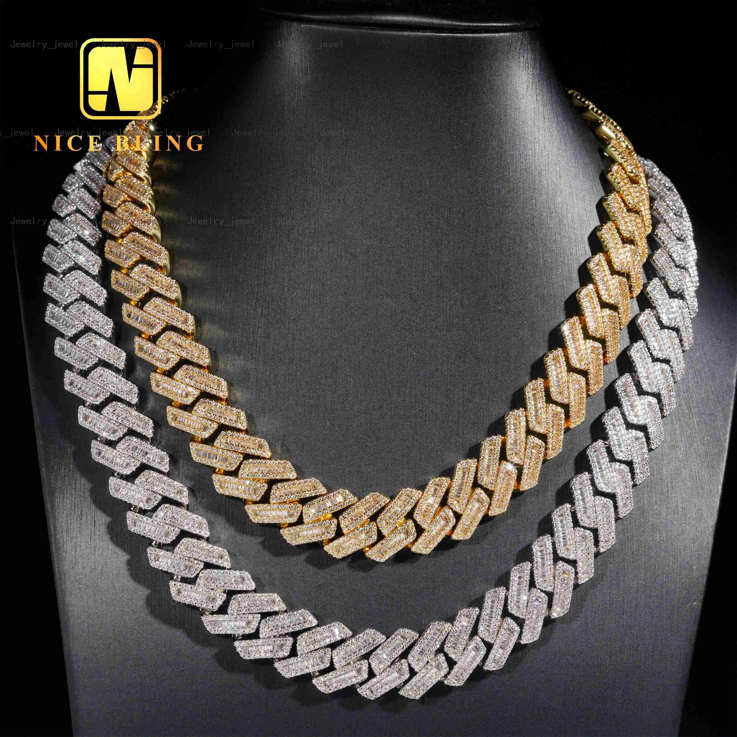 17mm Cuban Link Chains Men Hip Hop Jewelry baguette CZ Diamond Necklaces Iced Out Brass Chains