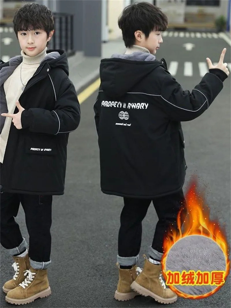 Boys Plus Velvet Outerwear Kids Winter Thicken Warm Overcoat Children Casual Print Jacket Teenager Clothing 250813