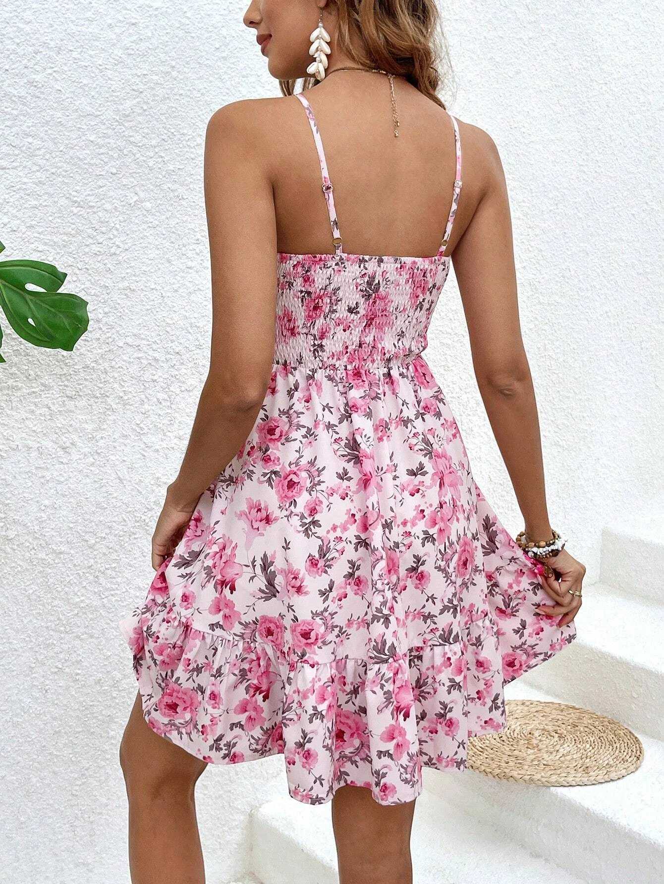 Womens Floral Print Shirred Spaghetti Strap Dress - Summer Boho Ruffle Sundress Casual Beach Maxi Dress XJ250814