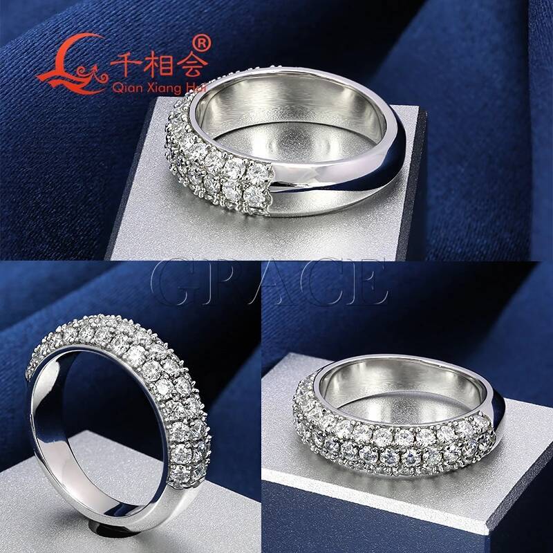 S925 Sterling Silver Three Row Thick Ring with White Color round Moissanite Half Band for Jewelry Making And Wedding