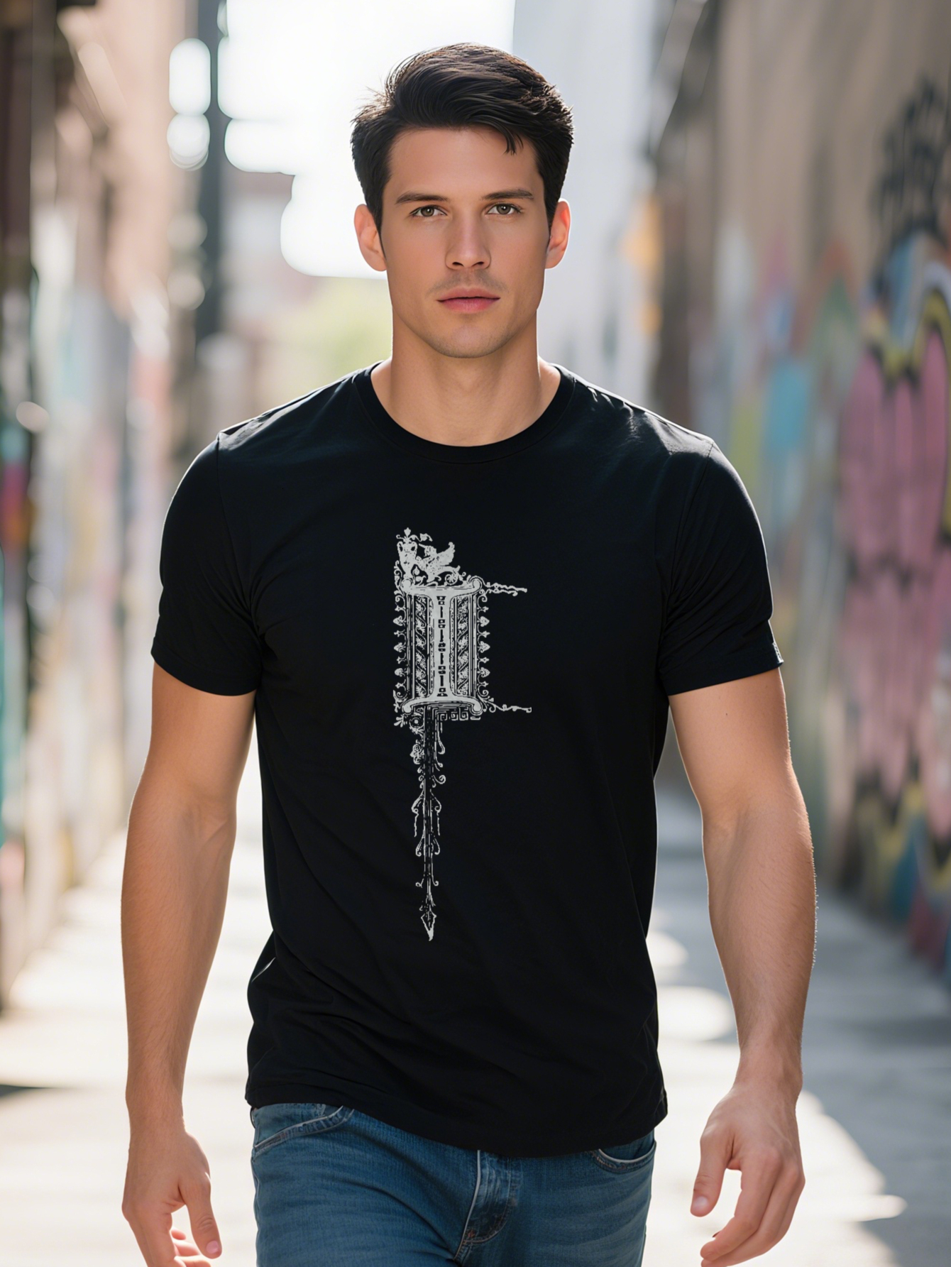 Short Sleeve T-Shirt with Intricate White Line Art Black Round Neck Summer Top Breathable Versatile Casual