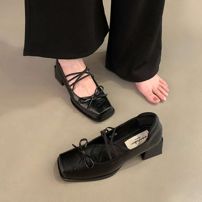 French Style Square Toe Ballet Flats Small Leather 2025 New Bowknot Shallow Mouth Chunky Heel Mary Jane Shoes for Women