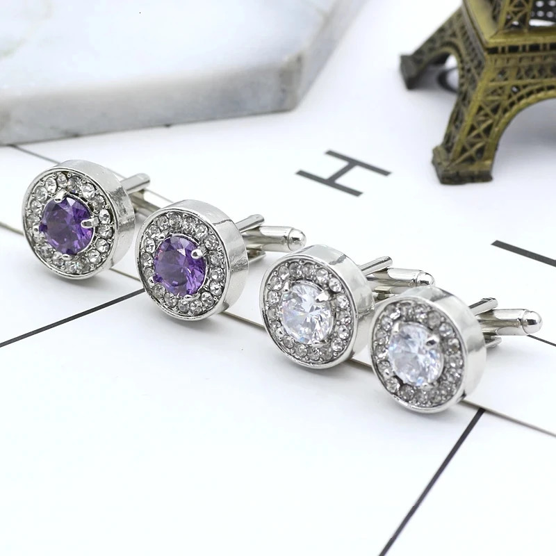Delicate Tiny Round Cufflink For Men Boys Purple Crystal High Quality French Shirts Cuff Links Button Male Jewelry Gifts 250812