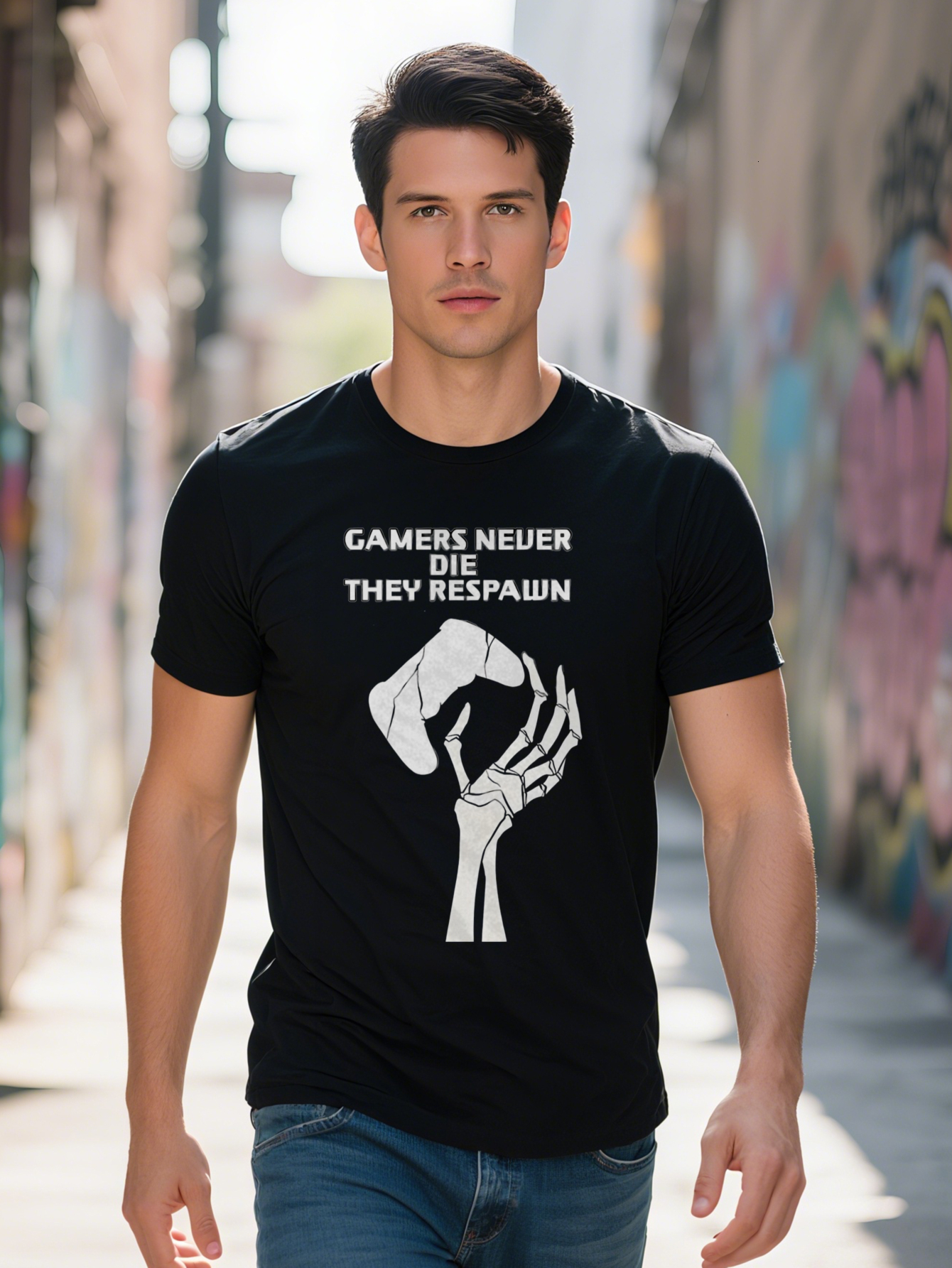 Men S Crew Neck T Shirt with Never Die They Respawn Graphic White Game Controller Design Perfect for Gamers